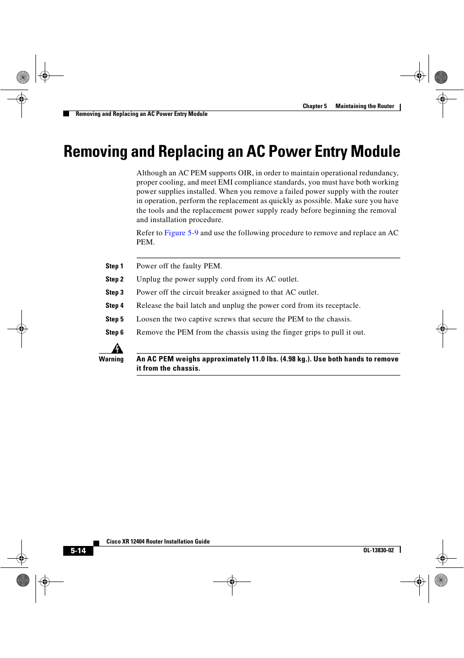 Removing and replacing an ac power entry module | Cisco XR 12404 User Manual | Page 138 / 178