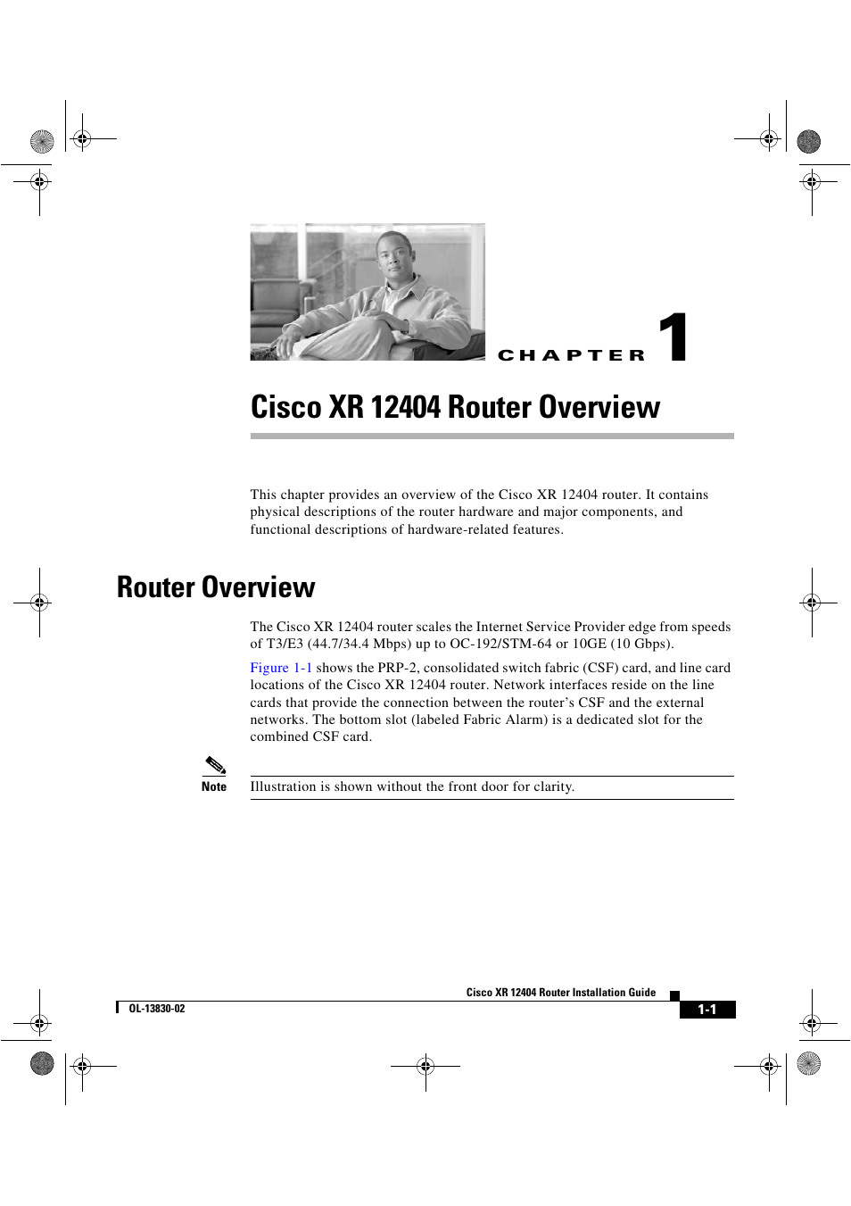 Cisco xr 12404 router overview, Router overview, C h a p t e r | Chapter 1, “cisco xr 12404 router overview | Cisco XR 12404 User Manual | Page 15 / 178