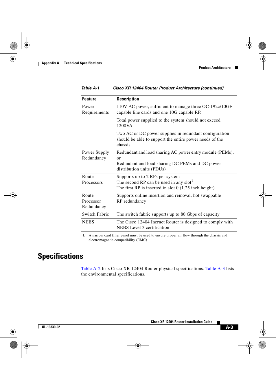 Specifications | Cisco XR 12404 User Manual | Page 165 / 178