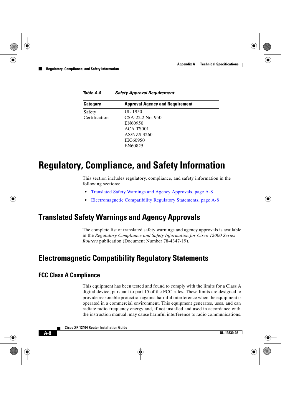 Regulatory, compliance, and safety information, Translated safety warnings and agency approvals, Fcc class a compliance | Table a-8, Safety approval requirement | Cisco XR 12404 User Manual | Page 170 / 178