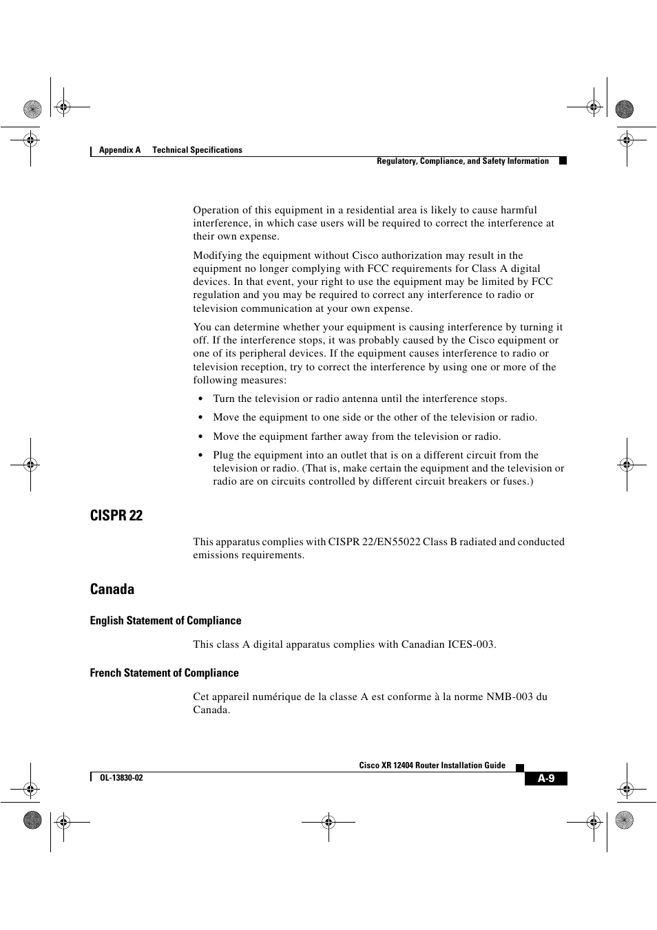 Cispr 22, Canada | Cisco XR 12404 User Manual | Page 171 / 178