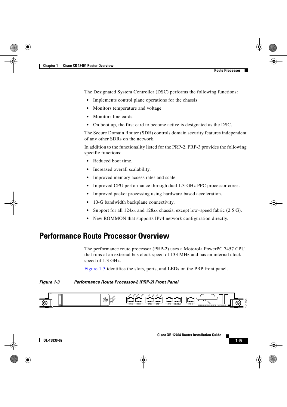 Performance route processor overview, Monitors temperature and voltage, Monitors line cards | Reduced boot time, Increased overall scalability, G bandwidth backplane connectivity | Cisco XR 12404 User Manual | Page 19 / 178