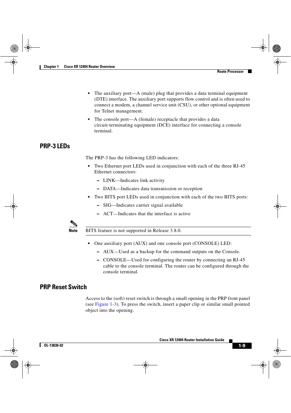 Prp-3 leds, Prp reset switch | Cisco XR 12404 User Manual | Page 23 / 178