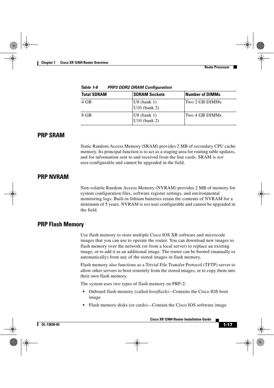 Prp sram, Prp nvram, Prp flash memory | Cisco XR 12404 User Manual | Page 31 / 178