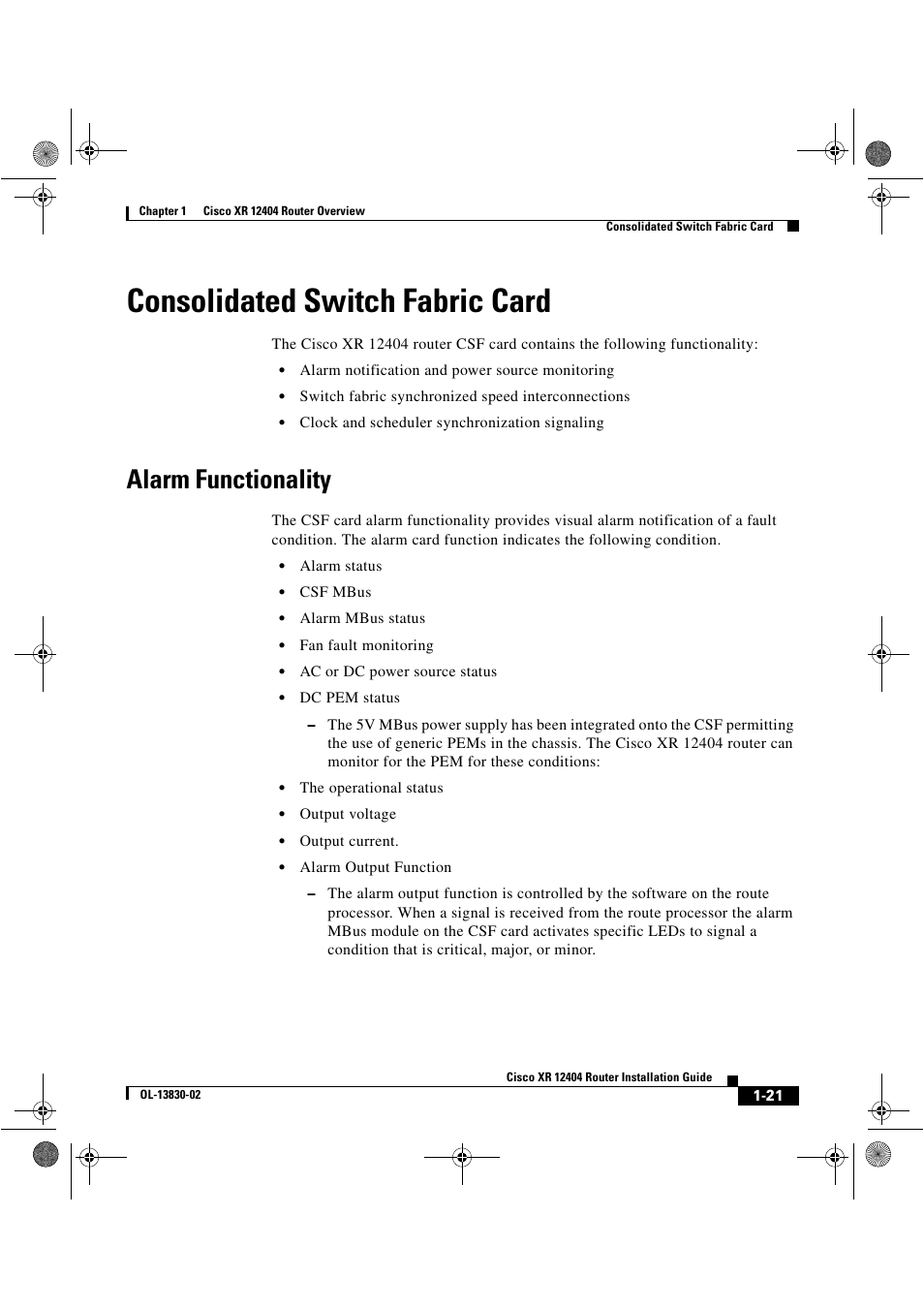 Consolidated switch fabric card, Alarm functionality, Consolidated switch fabric card” section on | Cisco XR 12404 User Manual | Page 35 / 178