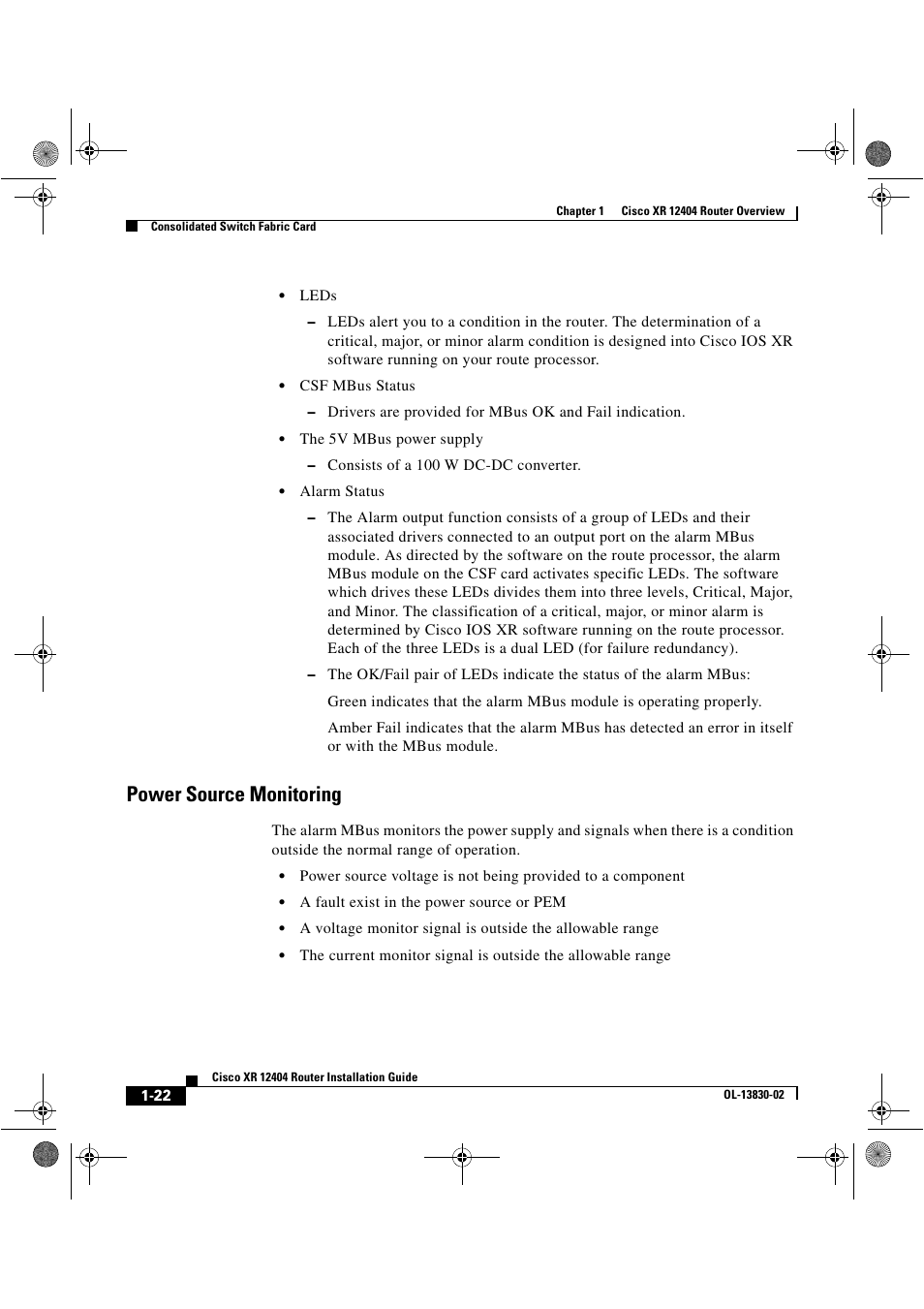 Power source monitoring | Cisco XR 12404 User Manual | Page 36 / 178