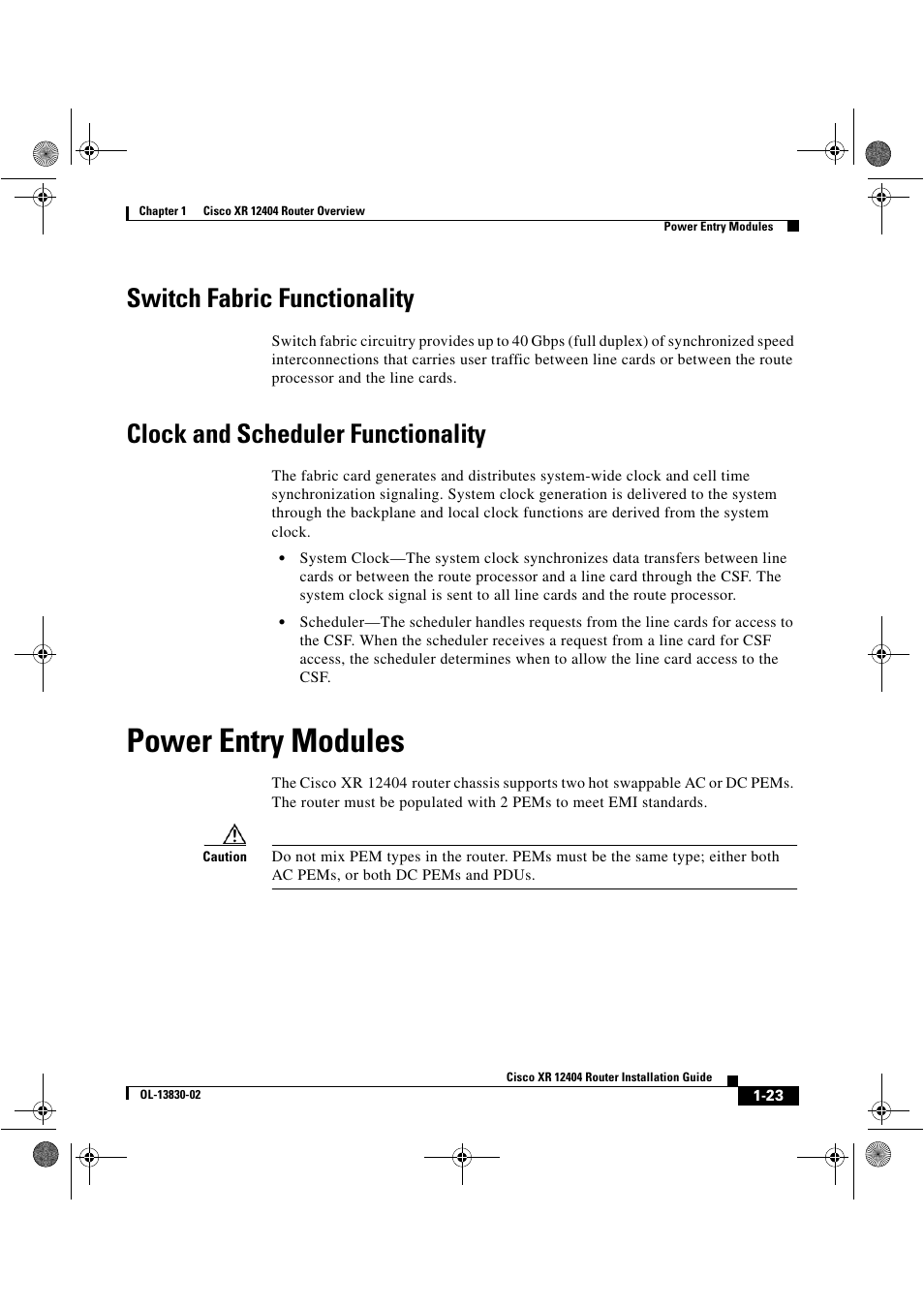 Switch fabric functionality, Clock and scheduler functionality, Power entry modules | Power | Cisco XR 12404 User Manual | Page 37 / 178