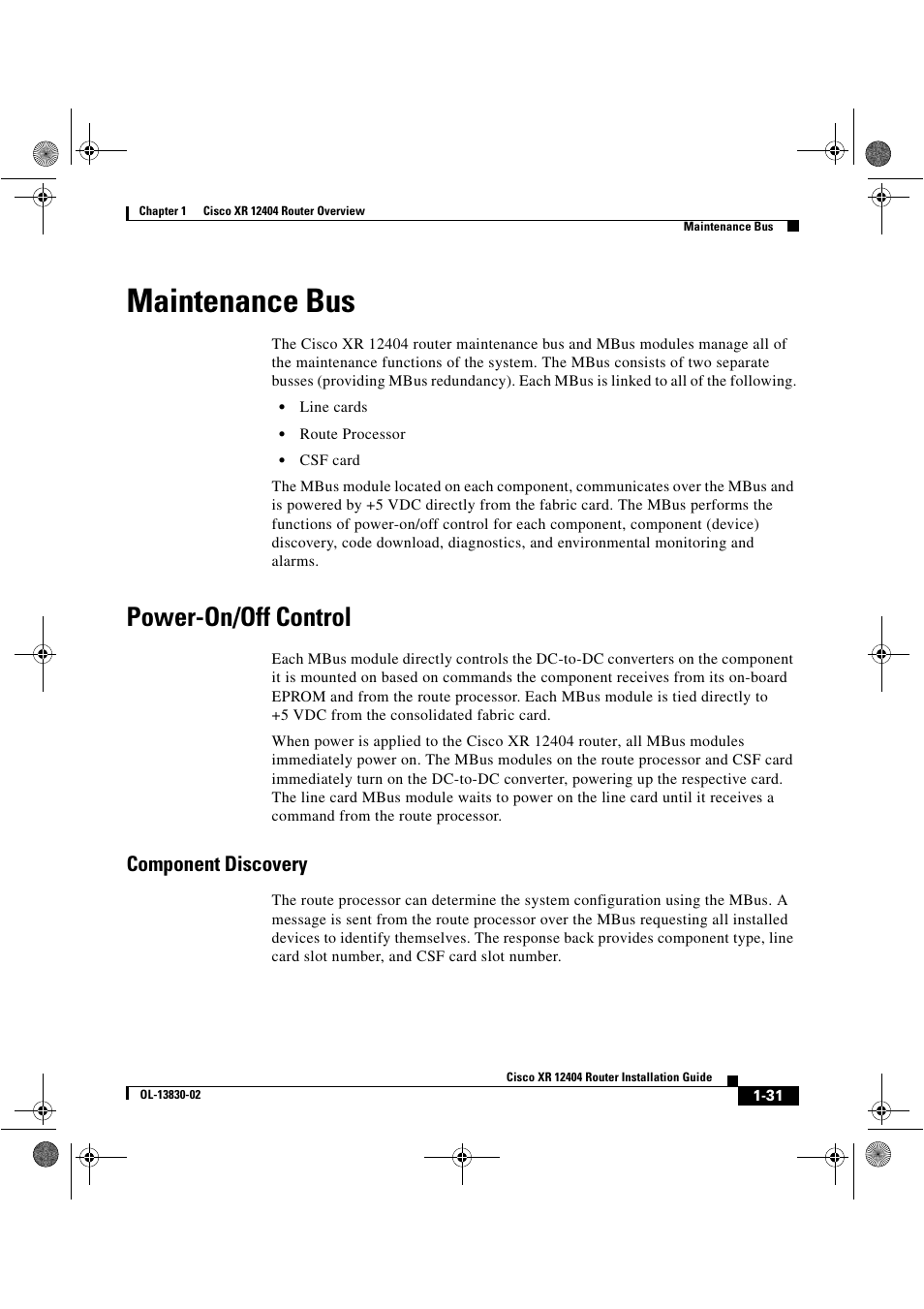 Maintenance bus, Power-on/off control, Component discovery | Cisco XR 12404 User Manual | Page 45 / 178