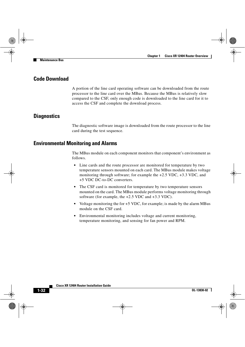 Code download, Diagnostics, Environmental monitoring and alarms | Cisco XR 12404 User Manual | Page 46 / 178