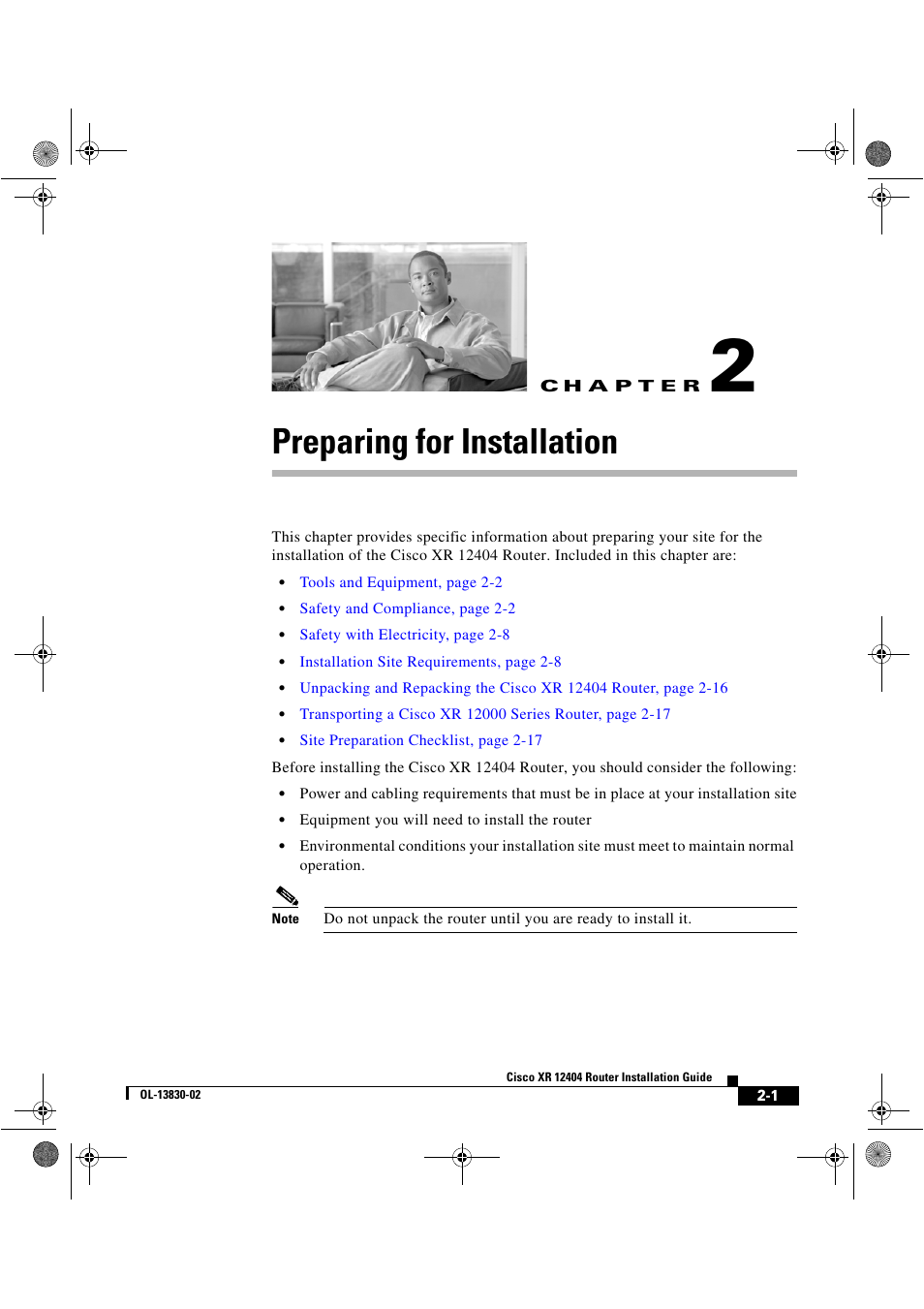 Preparing for installation, C h a p t e r, Chapter 2, “preparing for installation | Cisco XR 12404 User Manual | Page 47 / 178