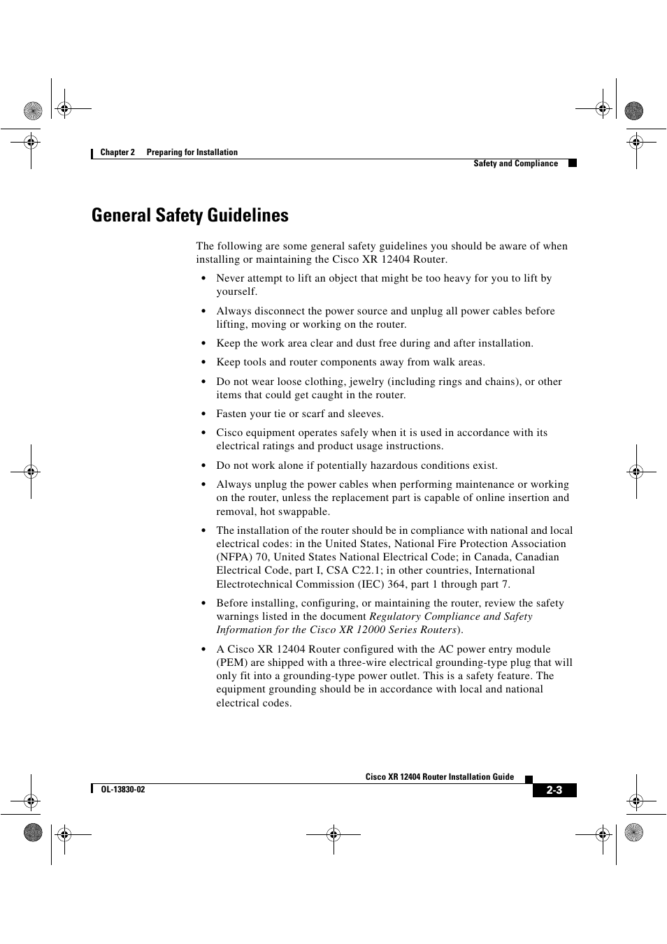 General safety guidelines | Cisco XR 12404 User Manual | Page 49 / 178