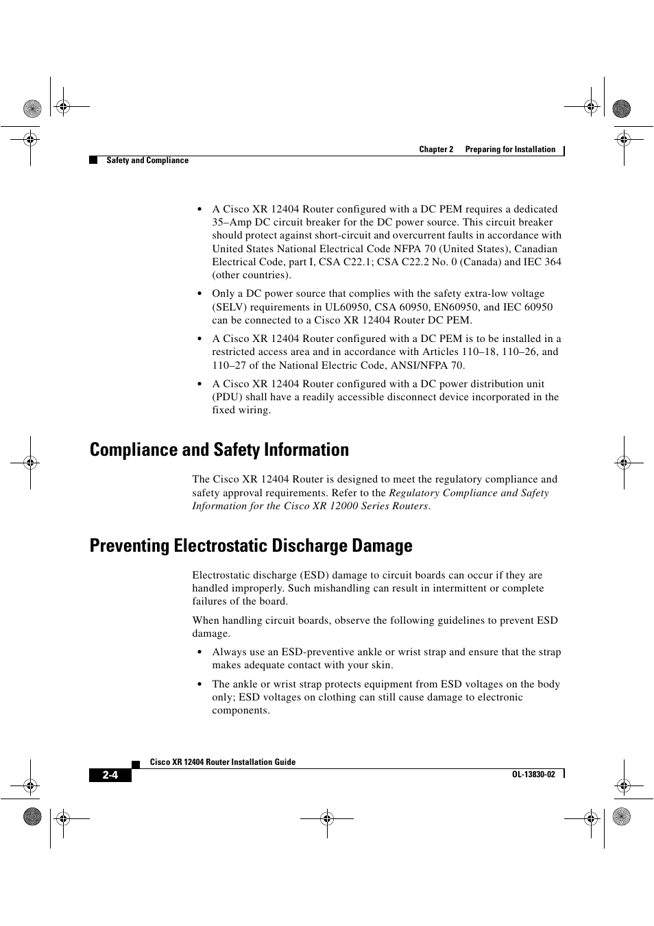 Compliance and safety information, Preventing electrostatic discharge damage | Cisco XR 12404 User Manual | Page 50 / 178