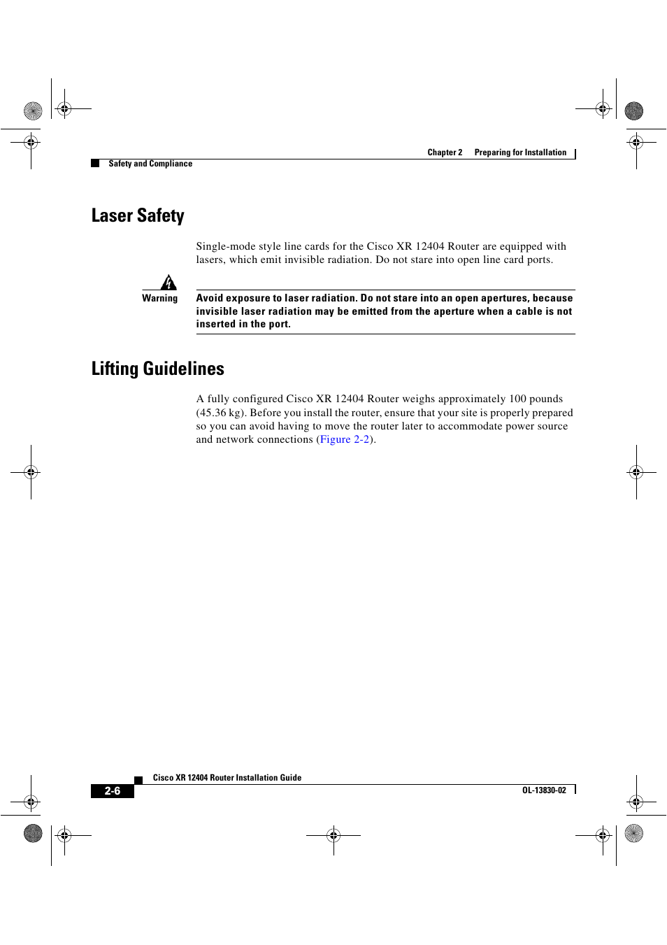 Laser safety, Lifting guidelines | Cisco XR 12404 User Manual | Page 52 / 178