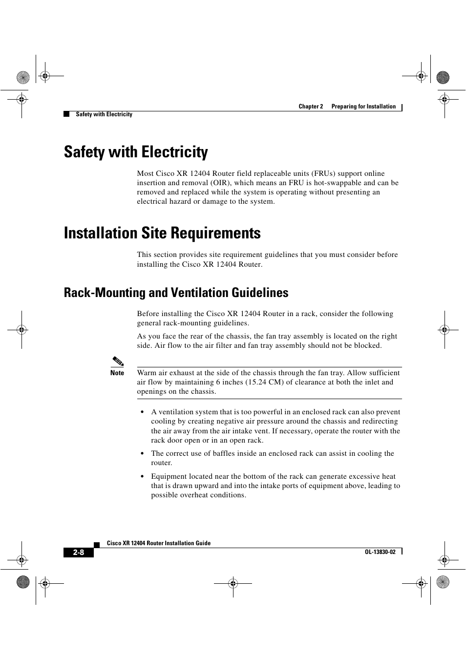 Safety with electricity, Installation site requirements, Rack-mounting and ventilation guidelines | Cisco XR 12404 User Manual | Page 54 / 178