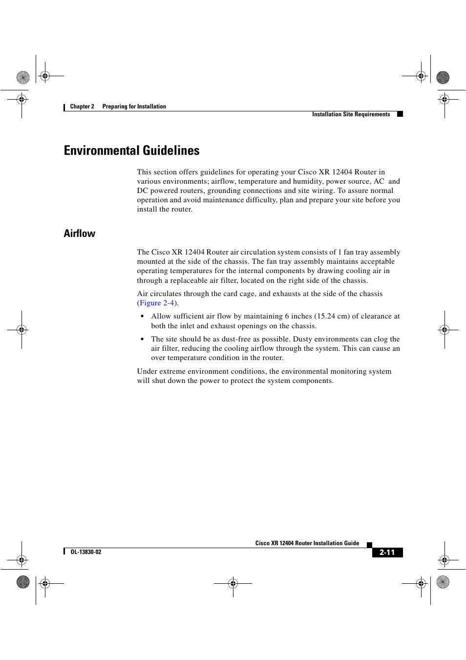 Environmental guidelines, Airflow | Cisco XR 12404 User Manual | Page 57 / 178