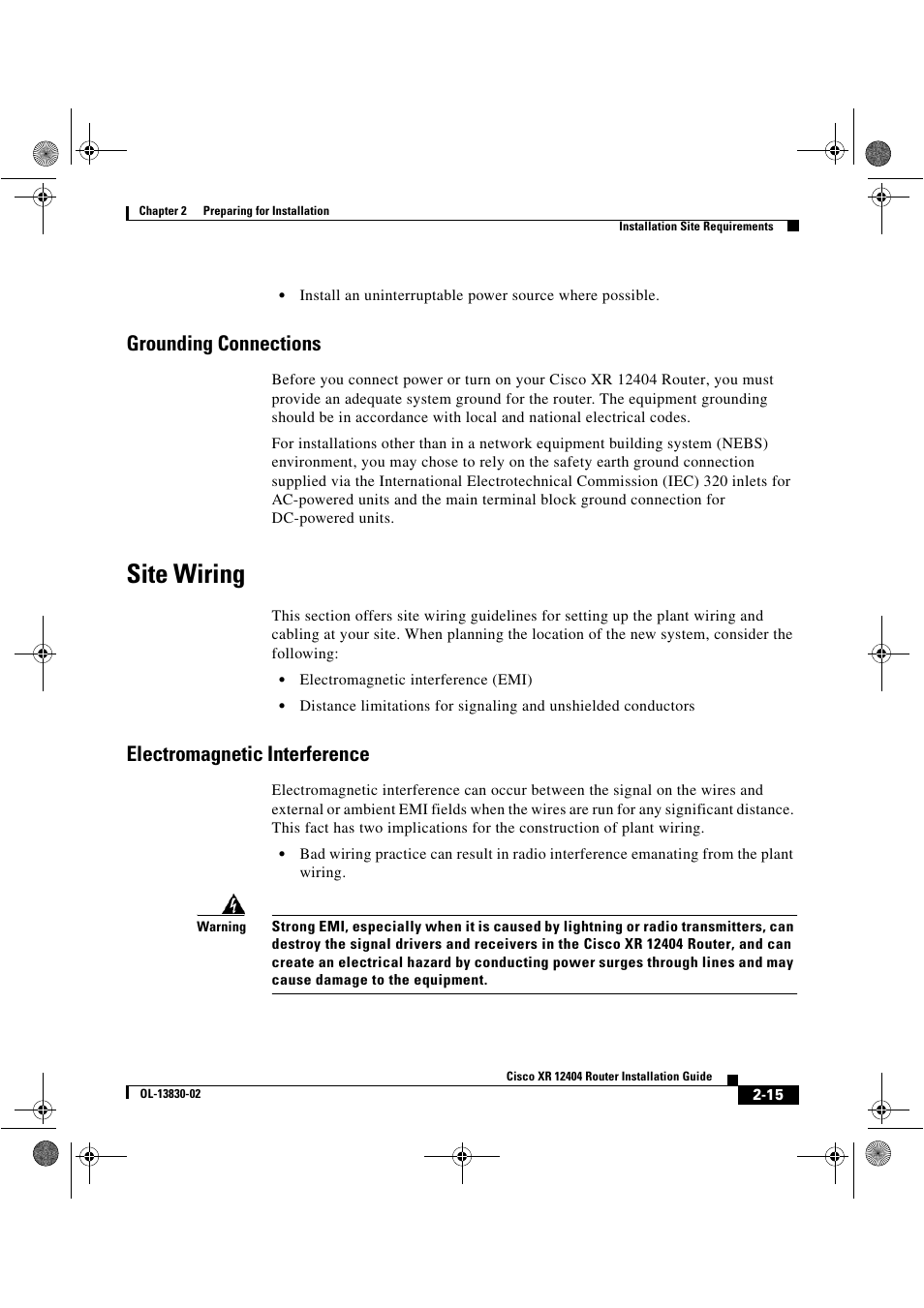 Grounding connections, Site wiring, Electromagnetic interference | Cisco XR 12404 User Manual | Page 61 / 178