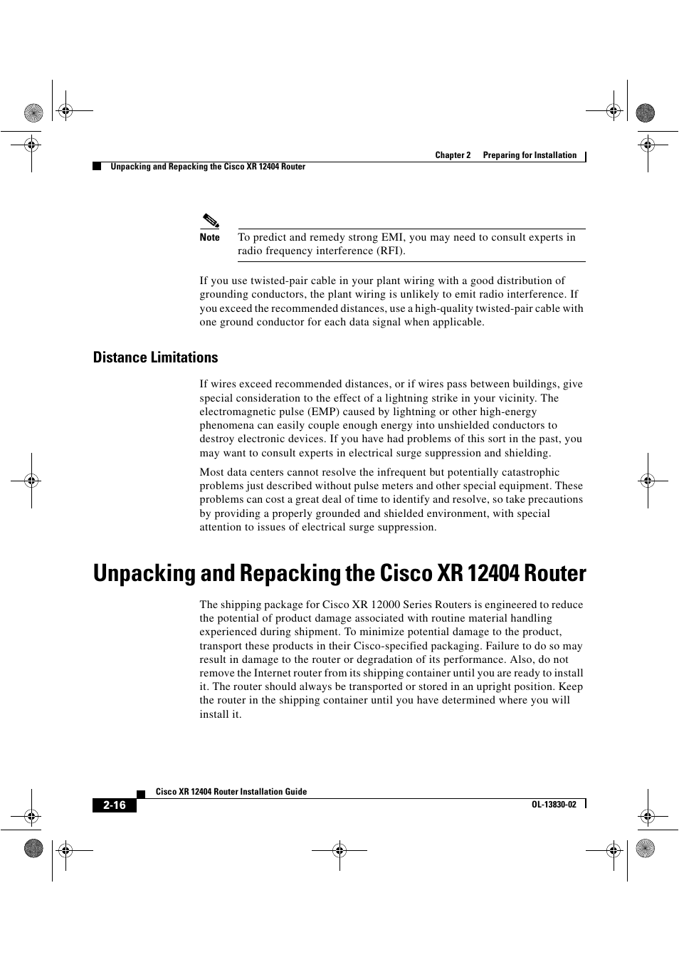 Distance limitations, Unpacking and repacking the cisco xr 12404 router | Cisco XR 12404 User Manual | Page 62 / 178