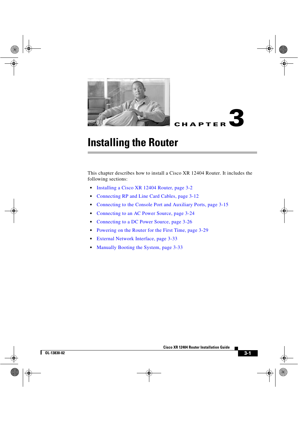 Installing the router, C h a p t e r, Chapter 3, “installing the router | Cisco XR 12404 User Manual | Page 66 / 178