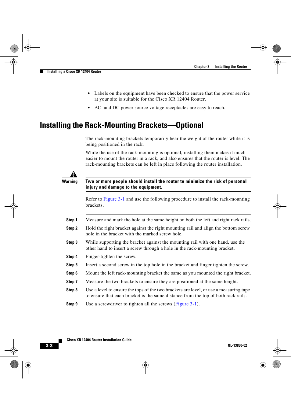 Installing the rack-mounting brackets-optional, Installing the rack-mounting brackets—optional | Cisco XR 12404 User Manual | Page 68 / 178