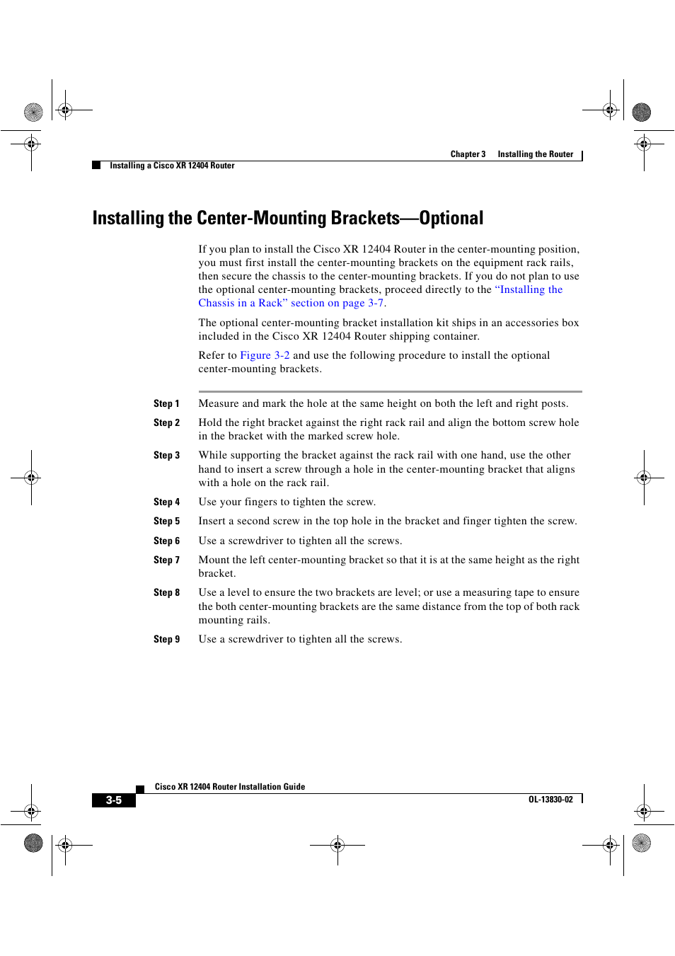 Installing the center-mounting brackets-optional, Installing the center-mounting brackets—optional | Cisco XR 12404 User Manual | Page 70 / 178