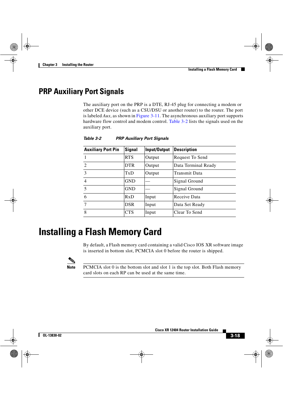 Prp auxiliary port signals, Installing a flash memory card | Cisco XR 12404 User Manual | Page 83 / 178