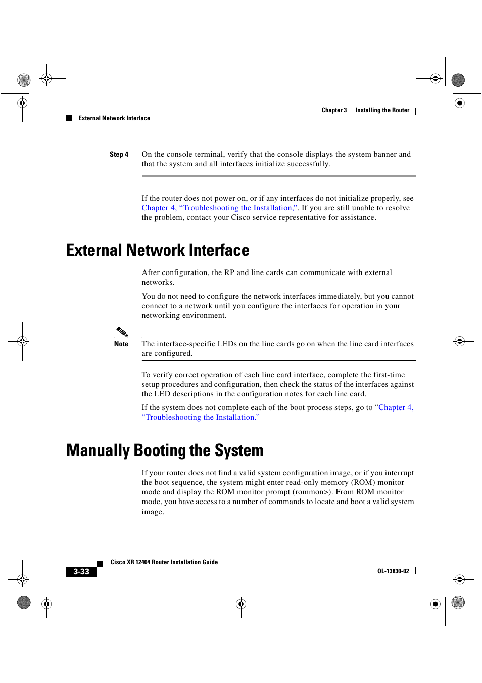 External network interface, Manually booting the system | Cisco XR 12404 User Manual | Page 98 / 178