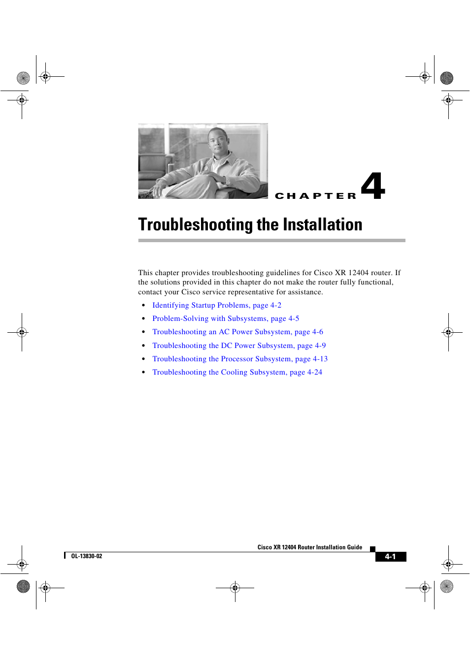 Troubleshooting the installation, C h a p t e r, Chapter 4, “troubleshooting the installation | Chapter 4 | Cisco XR 12404 User Manual | Page 99 / 178