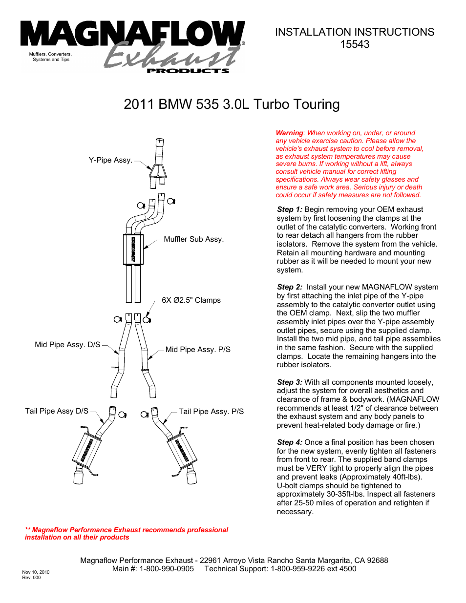 MagnaFlow BMW 535I Stainless Cat-Back System PERFORMANCE EXHAUST User Manual | 1 page