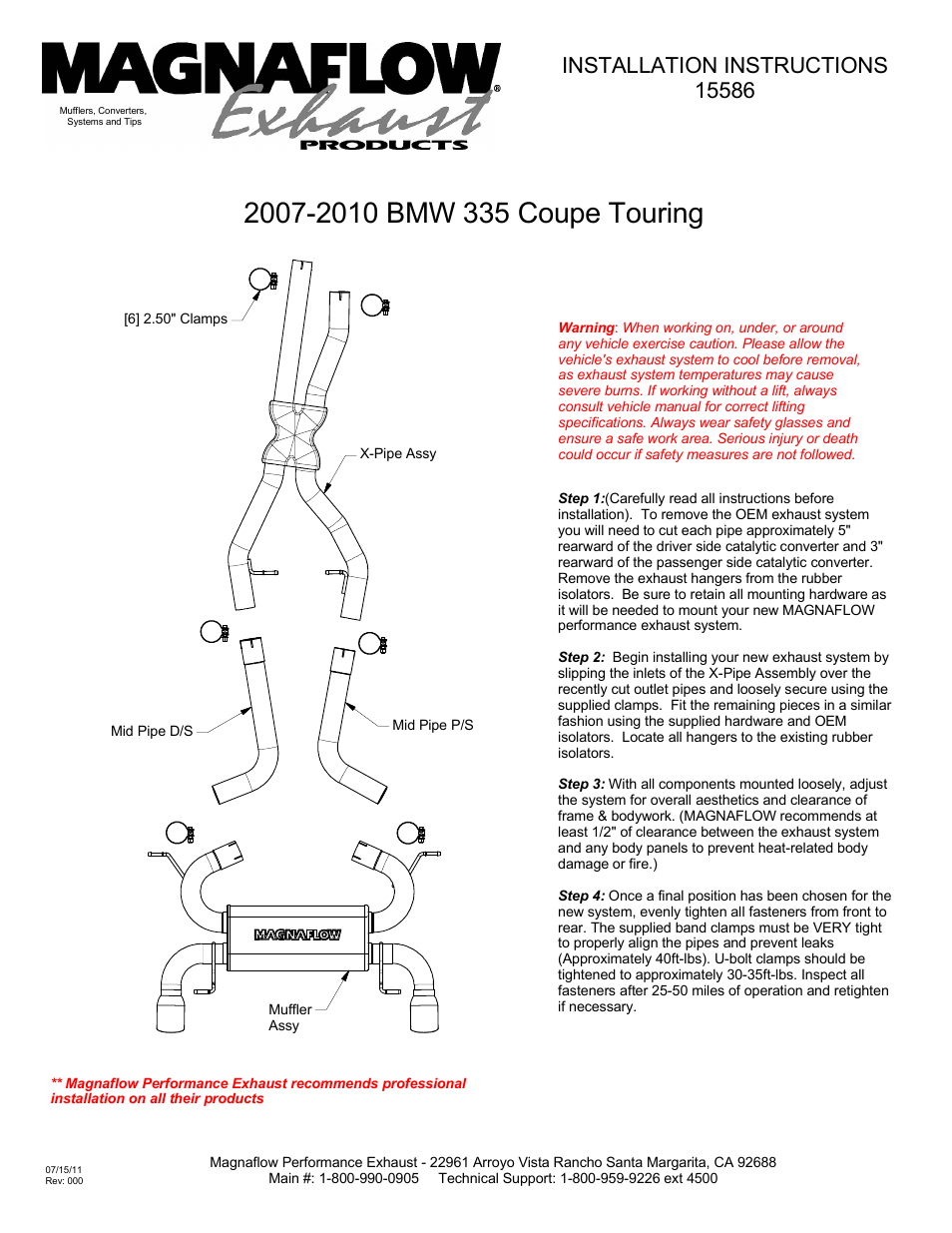 MagnaFlow BMW 335XI Stainless Cat-Back System PERFORMANCE EXHAUST User Manual | 1 page
