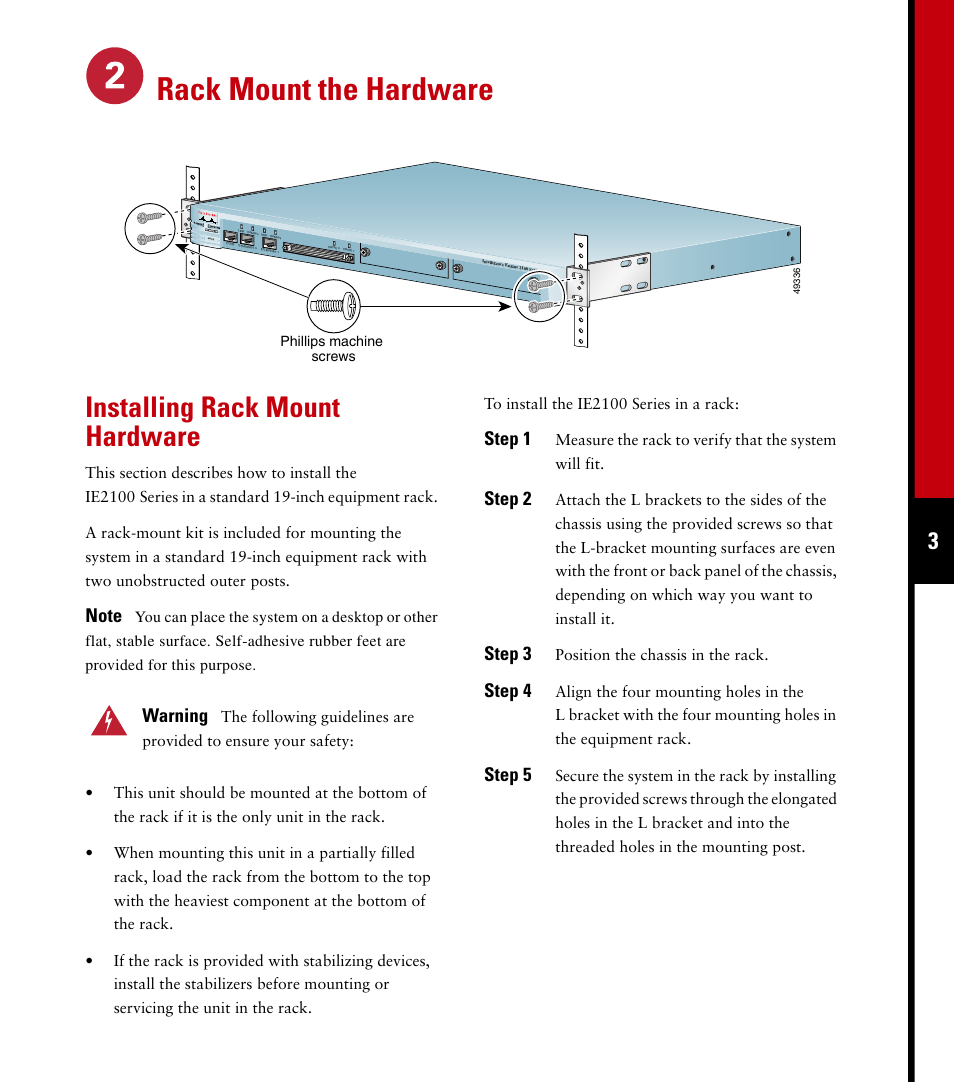 Rack mount the hardware, Installing rack mount hardware, Warning | Step 1, Step 2, Step 3, Step 4, Step 5 | Cisco 2100 User Manual | Page 5 / 12