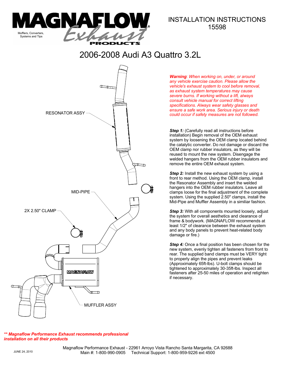 MagnaFlow AUDI A3 QUATTRO Stainless Cat-Back System PERFORMANCE EXHAUST User Manual | 1 page