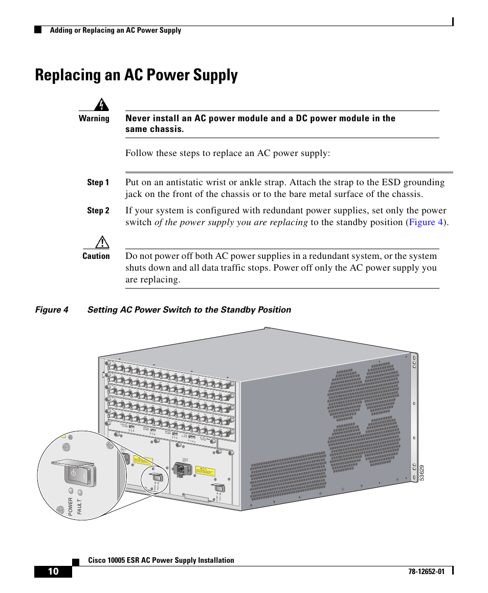 Replacing an ac power supply, Follow these steps to replace an ac power supply, Step 1 | Step 2, Caution, Adding or replacing an ac power supply, Power fault | Cisco 10005 User Manual | Page 10 / 20