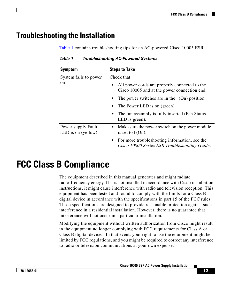 Troubleshooting the installation, Fcc class b compliance | Cisco 10005 User Manual | Page 13 / 20