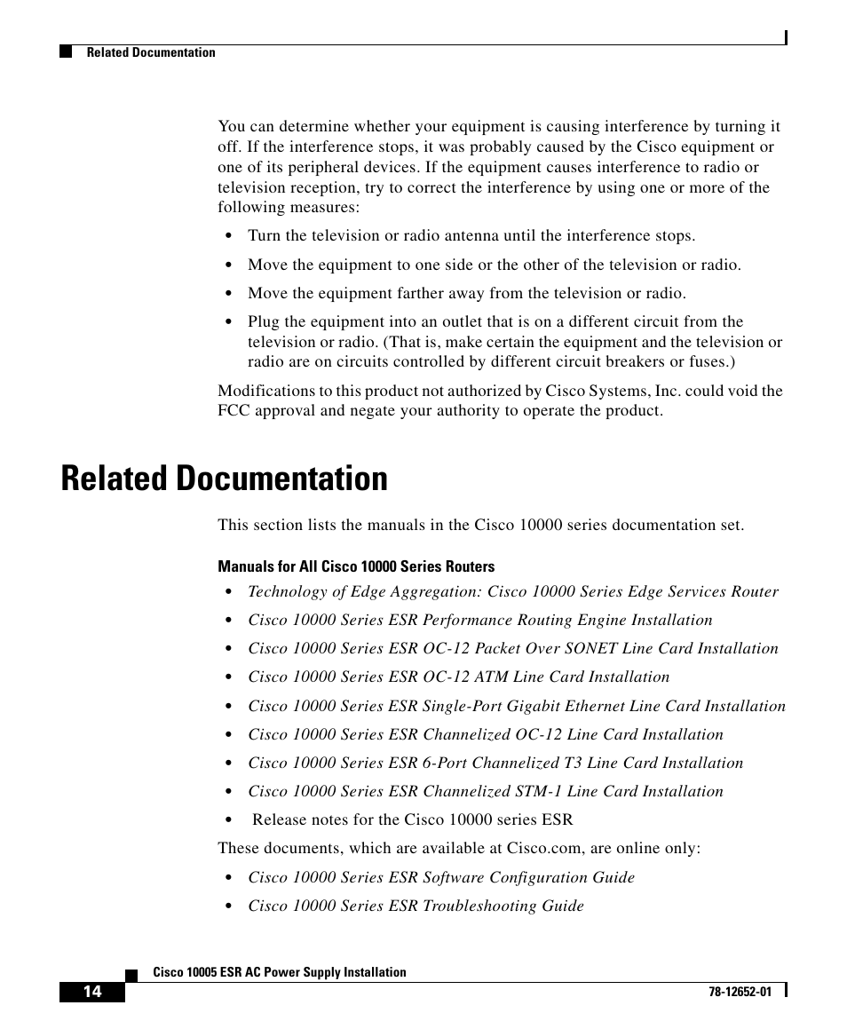 Related documentation | Cisco 10005 User Manual | Page 14 / 20