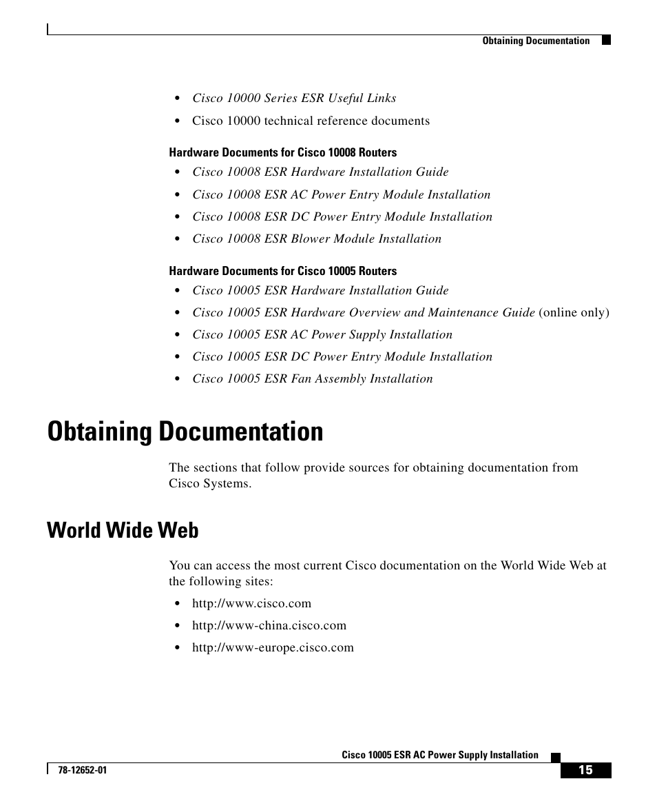 Obtaining documentation, World wide web | Cisco 10005 User Manual | Page 15 / 20