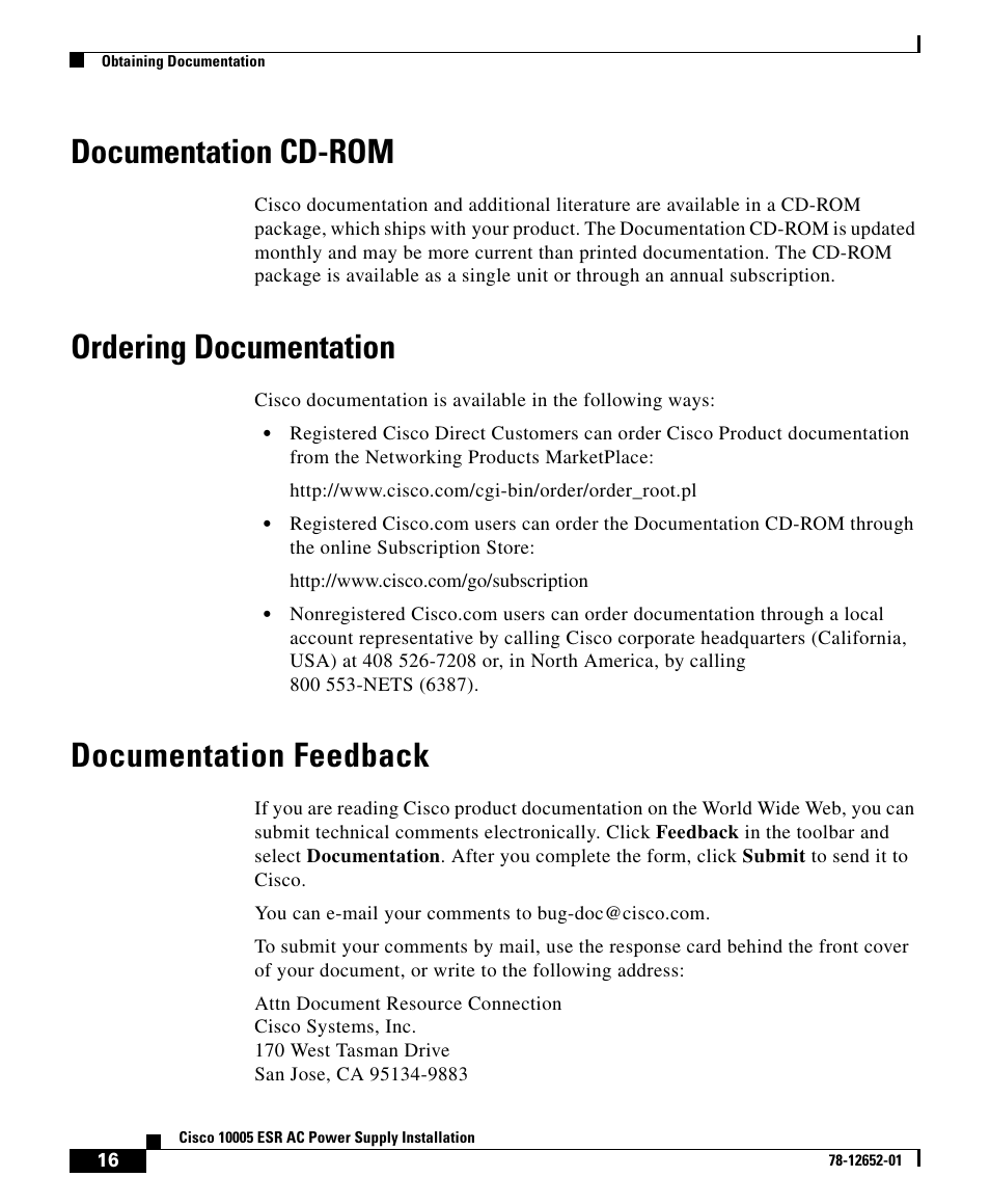 Documentation cd-rom, Ordering documentation, Documentation feedback | Cisco 10005 User Manual | Page 16 / 20