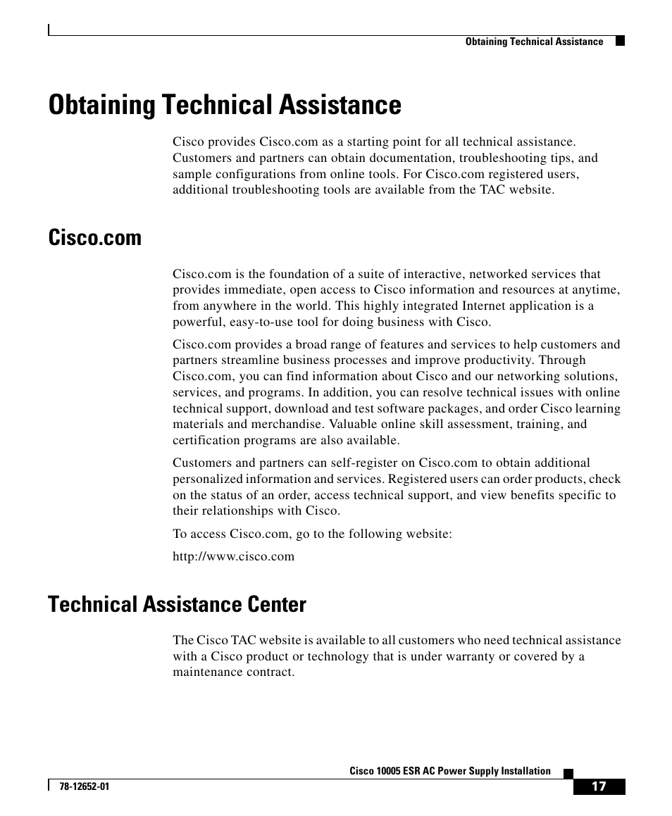 Obtaining technical assistance, Cisco.com, Technical assistance center | Cisco 10005 User Manual | Page 17 / 20