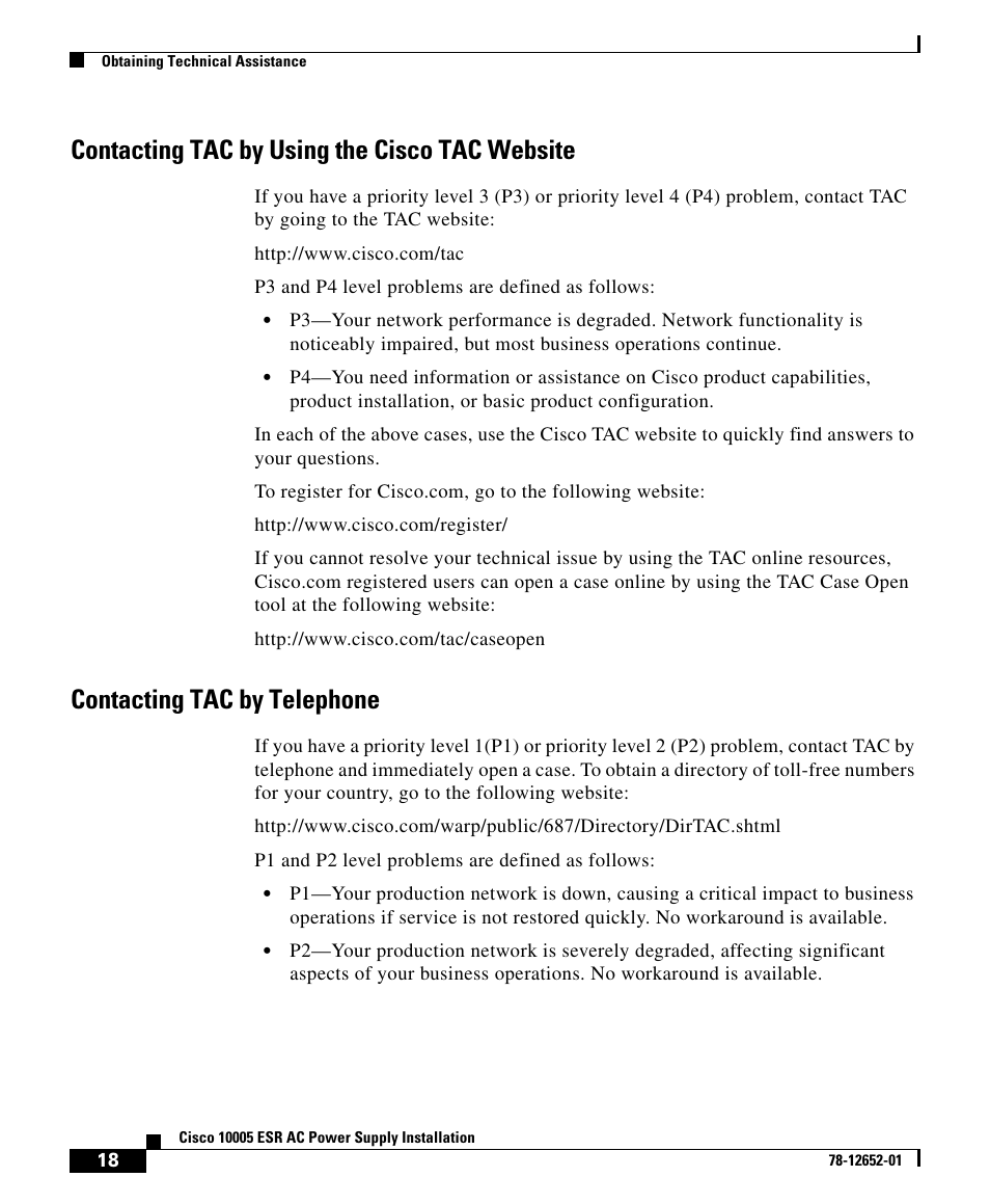 Contacting tac by using the cisco tac website, Contacting tac by telephone | Cisco 10005 User Manual | Page 18 / 20