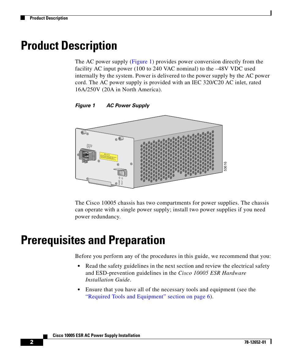 Product description, Prerequisites and preparation, Figure 1 ac power supply | Cisco 10005 User Manual | Page 2 / 20