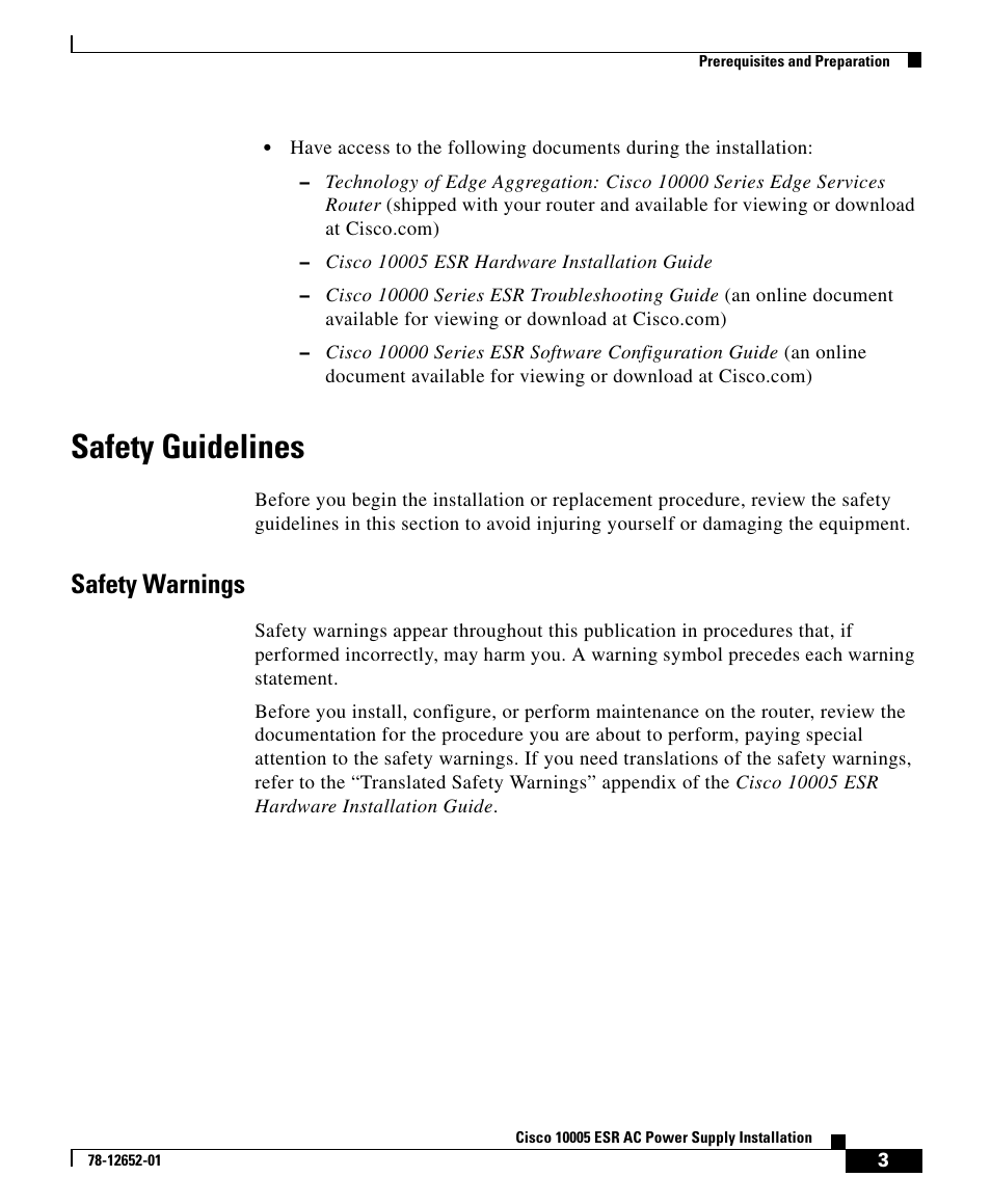 Safety guidelines, Safety warnings | Cisco 10005 User Manual | Page 3 / 20