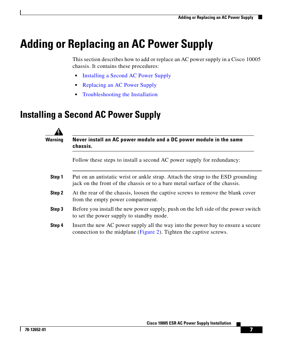Adding or replacing an ac power supply, Installing a second ac power supply | Cisco 10005 User Manual | Page 7 / 20