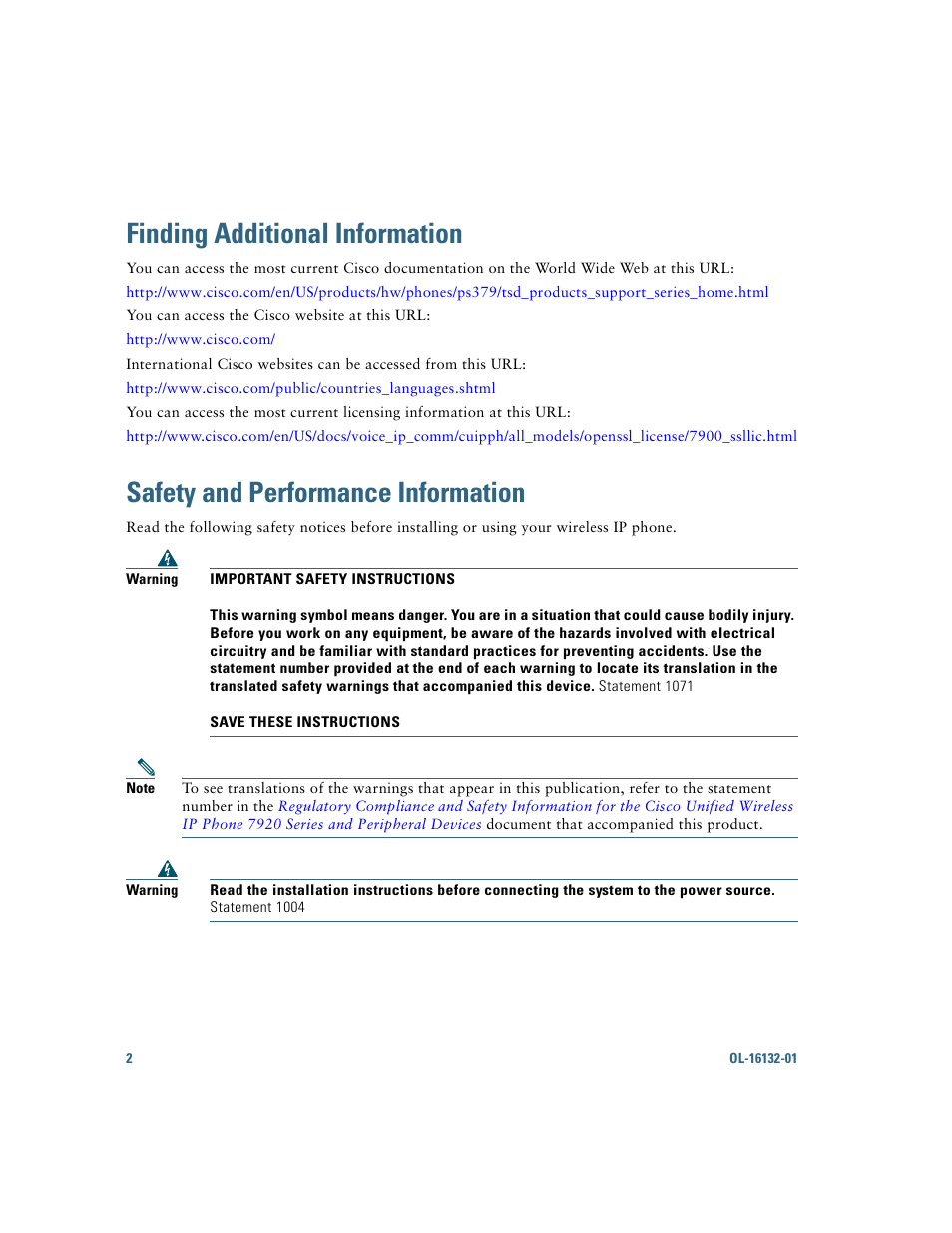 Finding additional information, Safety and performance information | Cisco Cisco Unified Wireless IP Phone 7925G User Manual | Page 10 / 126