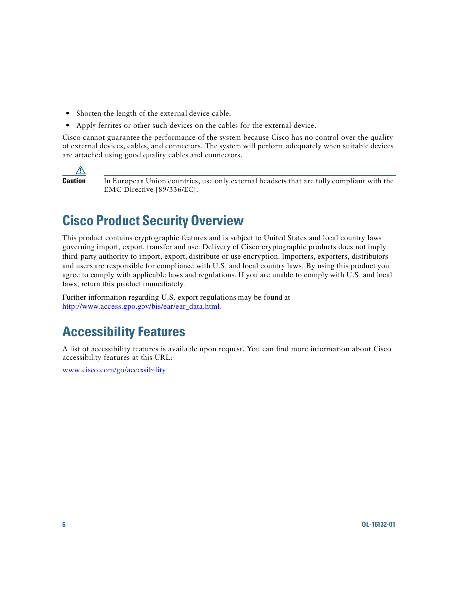 Cisco product security overview, Accessibility features | Cisco Cisco Unified Wireless IP Phone 7925G User Manual | Page 14 / 126