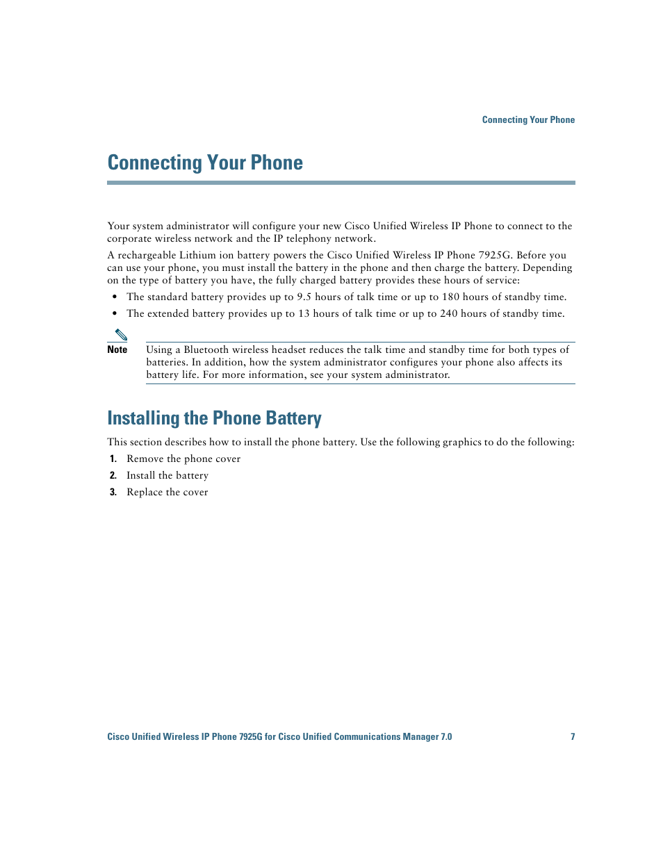 Connecting your phone, Installing the phone battery | Cisco Cisco Unified Wireless IP Phone 7925G User Manual | Page 15 / 126