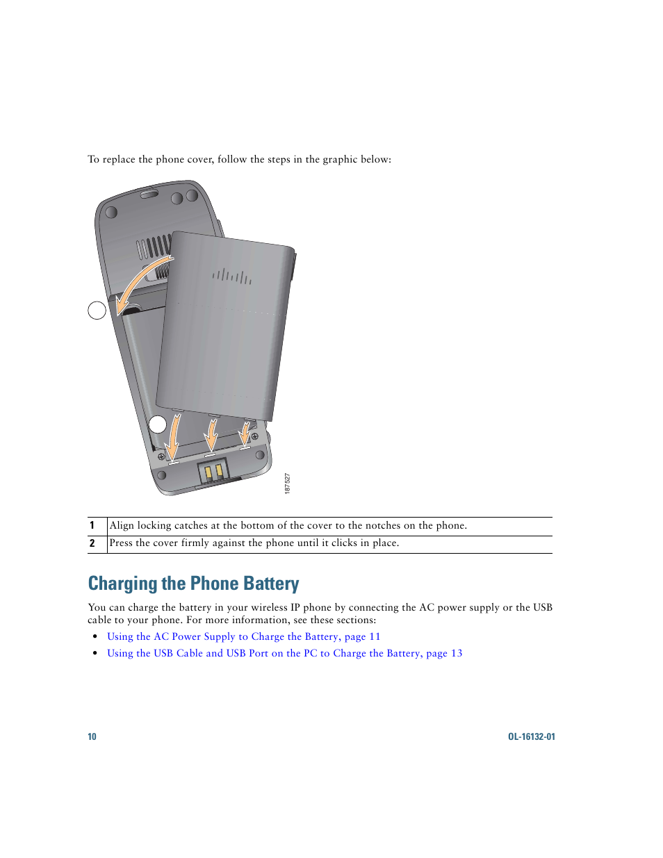 Charging the phone battery | Cisco Cisco Unified Wireless IP Phone 7925G User Manual | Page 18 / 126