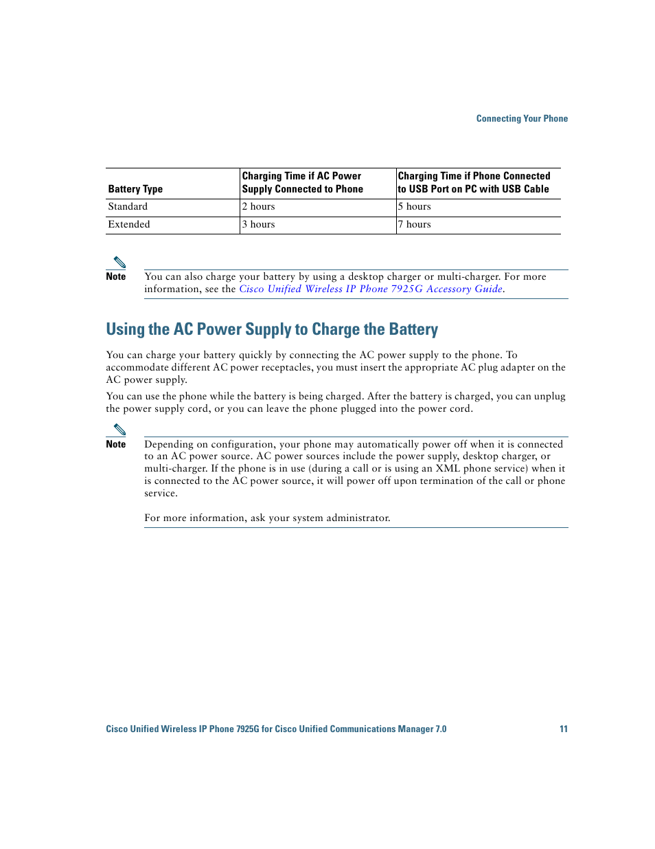 Using the ac power supply to charge the battery | Cisco Cisco Unified Wireless IP Phone 7925G User Manual | Page 19 / 126