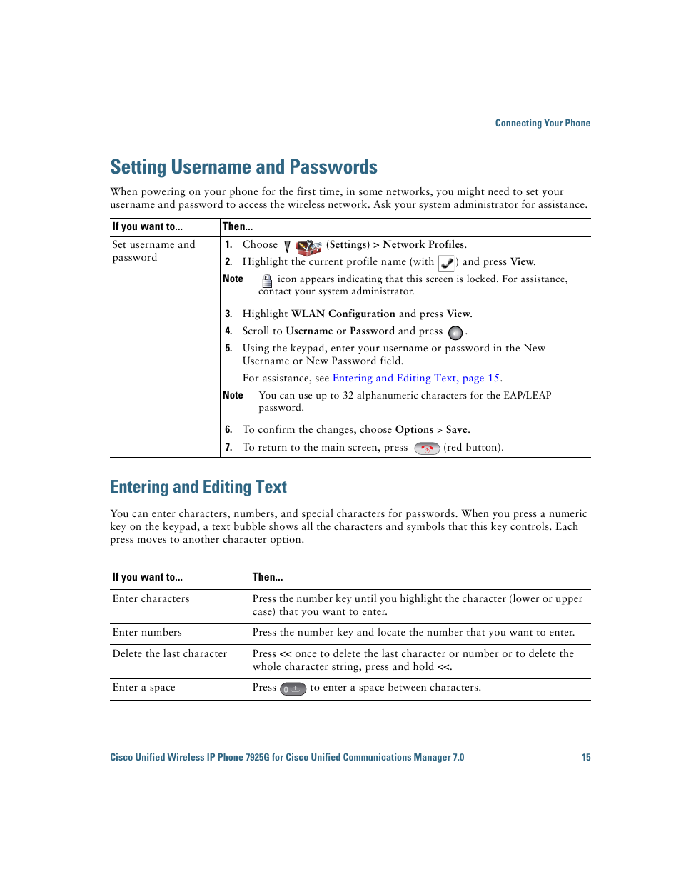 Setting username and passwords, Entering and editing text | Cisco Cisco Unified Wireless IP Phone 7925G User Manual | Page 23 / 126