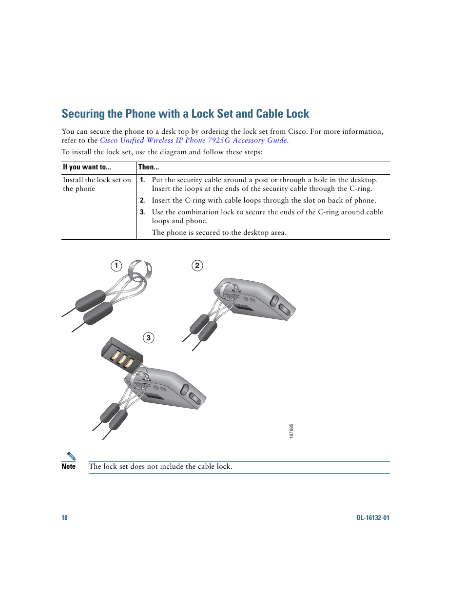 Securing the phone with a lock set and cable lock | Cisco Cisco Unified Wireless IP Phone 7925G User Manual | Page 26 / 126