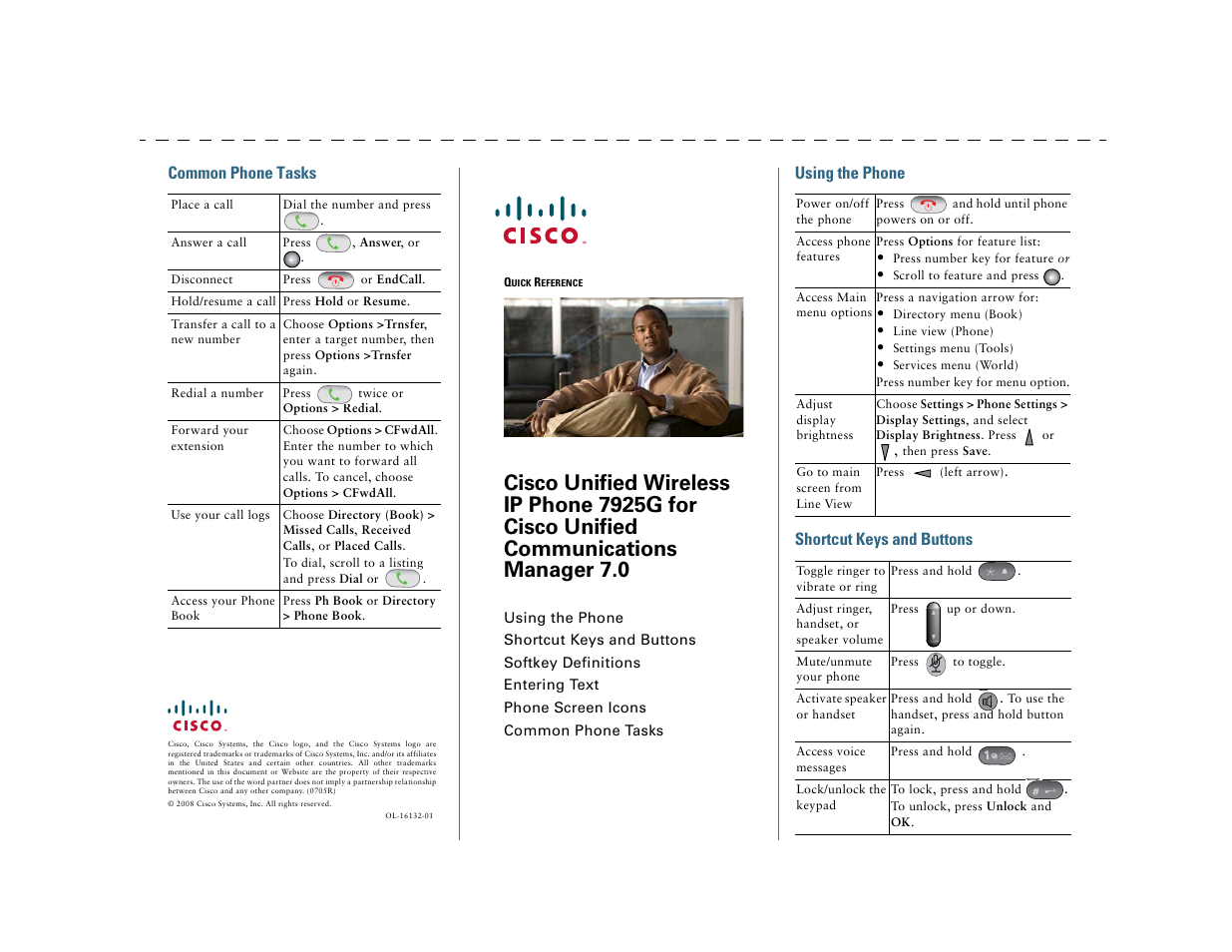 Quick reference, Using the phone, Shortcut keys and buttons | Common phone tasks, Using the phone shortcut keys and buttons | Cisco Cisco Unified Wireless IP Phone 7925G User Manual | Page 3 / 126