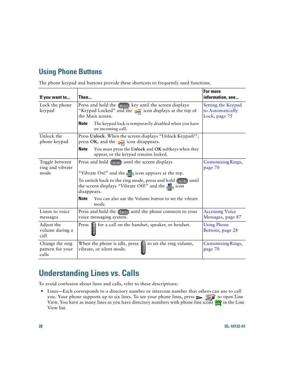 Using phone buttons, Understanding lines vs. calls | Cisco Cisco Unified Wireless IP Phone 7925G User Manual | Page 36 / 126